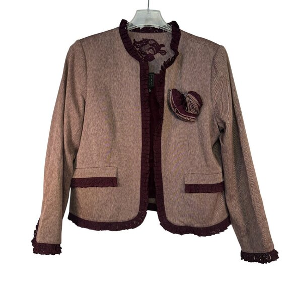 Due Per Due Womens Size 16 Ruffled Blazer With Rosette Accent Wine & Taupe - Picture 1 of 6